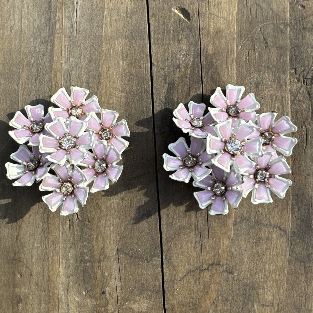 Vintage Enamel Rhinestone Bouquet Flower Cluster Clip Earrings Silver Tone